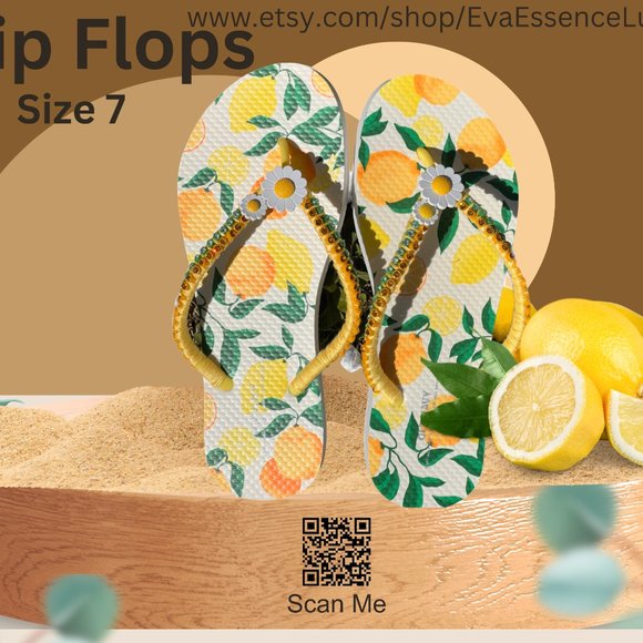 Crystal Bling Lemon Flip Flops, Handmade Embellishments, Beach Sandals, Size 7 - Picture 5 of 14